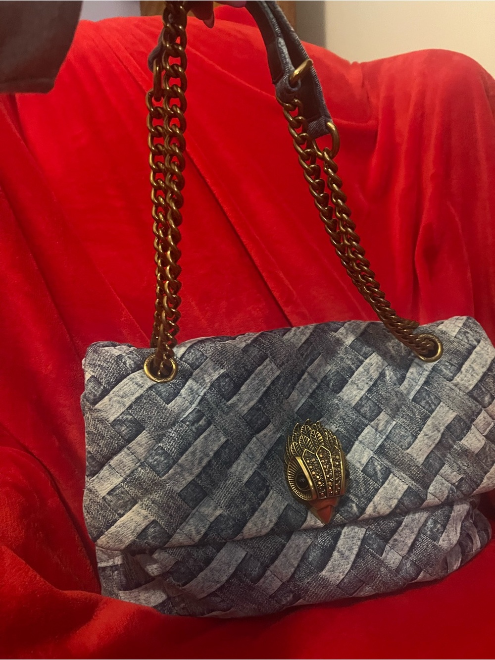Kurt Geiger Blue Woven Shoulder Bag with Gold Chain Straps